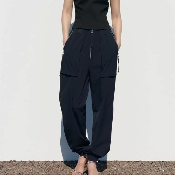 Zara Cargo Trousers With Zips Blue NWT - Picture 2 of 12